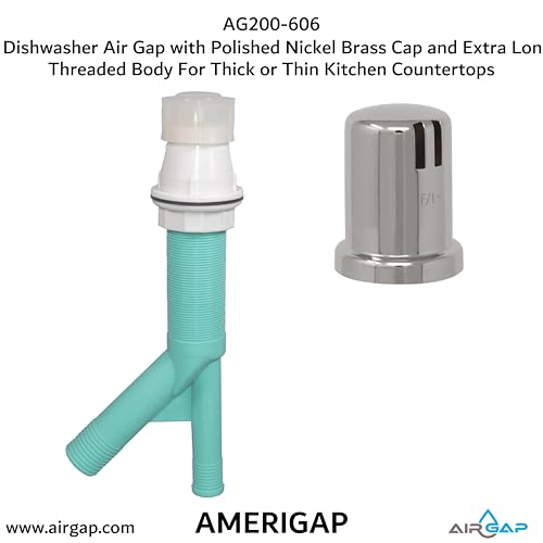 Dishwasher Air Gap with Skirted Polished Nickel Brass Cap and Extra Long Threaded Body for Thick or Thin Kitchen Countertops