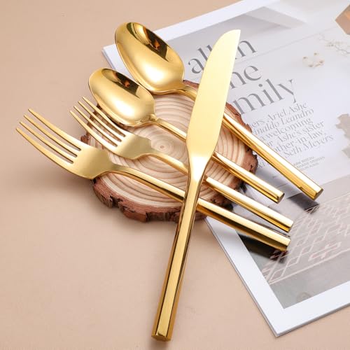 Mirror Silverware Set Gold Flatware Set with Hexagon Handle 20 Pieces 18 (20 Count)