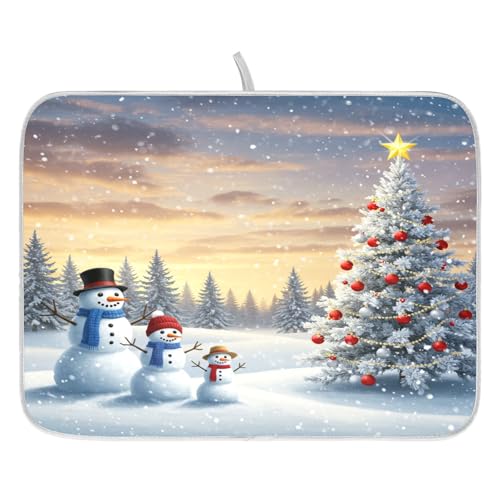 Christmas Tree and Snowman Dish Drying Mat for Kitchen Counter Absorbent Microfiber Small Winter Snowflakes Drying Pad Dish Mats for Kitchen Countertops 16 x 18 Inch