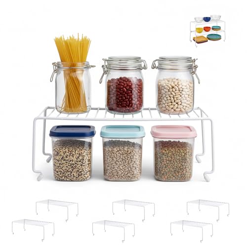 6-Pack Large (15.7x8.54inch) Multi-Level Organizer Rack, Kitchen Shelves for Spice Organization for Cabinet, Pantry Organizers and Storage, Wire Extra Shelf, Desk Organizer, Stackable, White (6 Count)