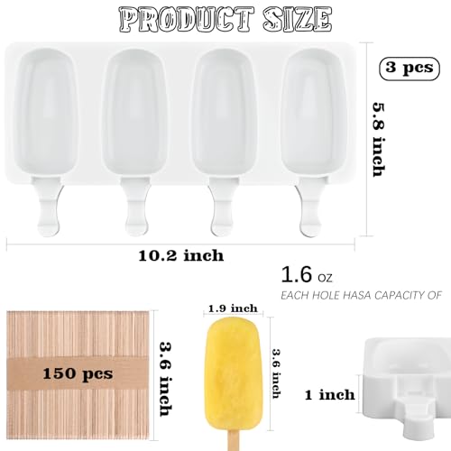 3 Pack Large Silicone Popsicle Molds with 150 Pcs Wooden Sticks (153 Count)