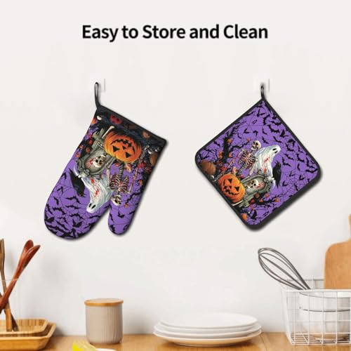 Halloween Pumpkin Oven Mitts and Pot Holder Set of 2 Spooky Ghost Bat Heat Resistant Kitchen Gloves Hot Pad for Baking Cooking Grilling BBQ