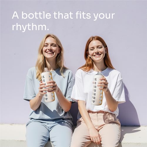 40oz / 32oz / 22oz / 12oz Borosilicate Glass Water Bottle with Time & Volume Markers, Silicone Sleeve, Stainless Steel Lid | Reusable Glass Bottle for Water & Juice (32oz Pearled Ivory)