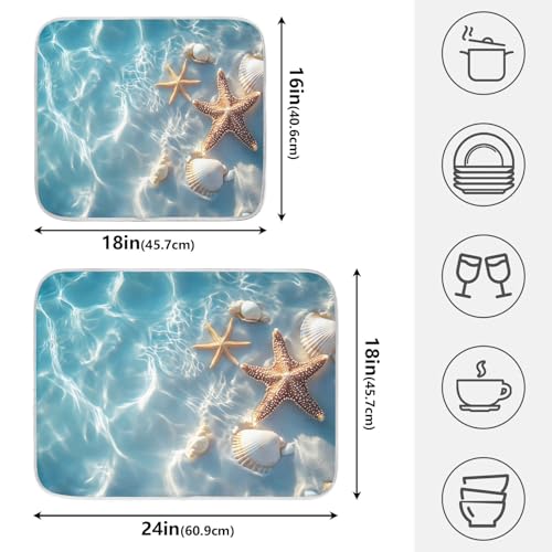 Starfish and Seashell on The Summer Beach Dish Drying Mat for Kitchen Counter Absorbent Microfiber Large Drying Pad Dish Mats for Kitchen Countertops 18 x 24 Inch