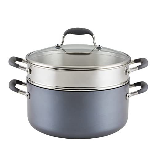 Advanced Home Hard Anodized Nonstick Wide Stockpot with Stainless Steel Steamer Insert and Glass Lid