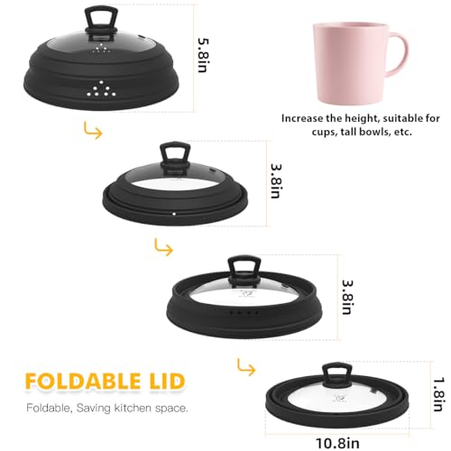 Tall Microwave Splatter Cover Glass Cover Guard Lid 7 inch Height with Collapsible Silicone for Food Pot Plate 10.8 inch Black