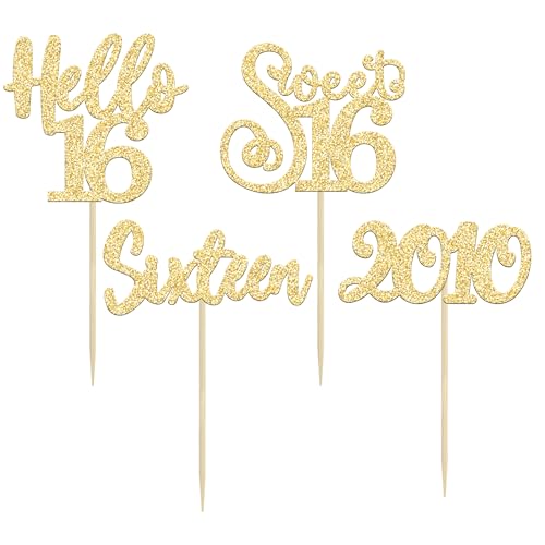 24Pcs 16th Birthday Cupcake Toppers Gold Glitter Hello 16 Sweet 16 Cupcake Picks 2010 16th Birthday Cake Decorations for Anniversary Party Supplies (24 Count)