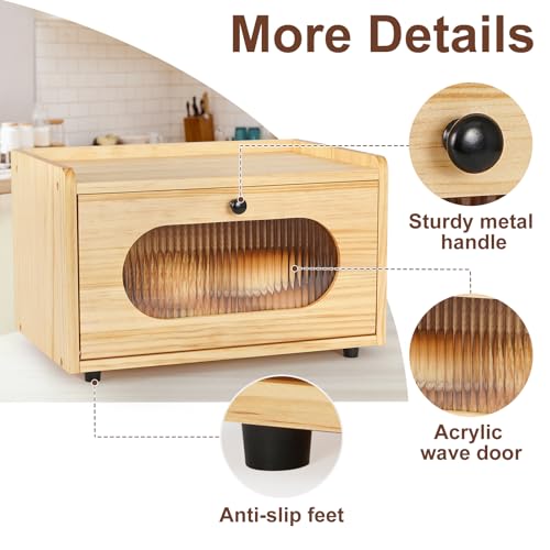 Bread Box for Kitchen Countertop Storage Wooden Breadbox Holder Container Morden Rustic Fresh Bread Keeper Farmhouse Stackable Organizer Bin for Homemade Food Shelf Acrylic Window