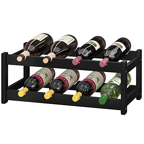 Wine Rack Freestanding 8 Bottle 2 Tier Bamboo Wine Racks Countertop Cabinet Wine Holder Wine Storage Shelf for Kitchen