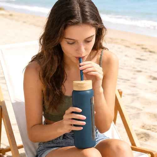 32 oz Glass Water Bottle with Straw and 2 Lids