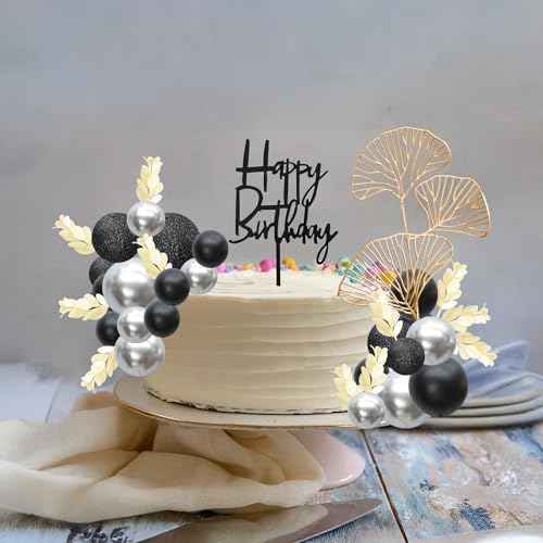 57Pcs Balls Cake Topper Boho Grass Cake topper Pearl Balls Acrylic Happy Birthday Cake Decorations for Wedding Baby Shower Birthday Boho Themed Party Supplies Black Silver (57 Count)