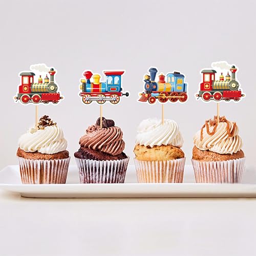 24Pcs Transportation Trains Cupcake Toppers Cartoon Vintage Locomotiv Cupcake Picks for Retro Train Boys Girls Funny Birthday Party Baby Shower Cupcake Decorations Train Transportation Party Decors (24 Count)