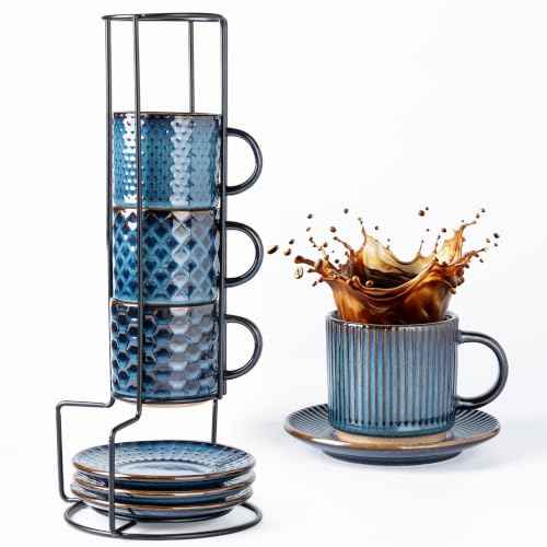 6 OZ Coffee Mugs with Saucer and Stand (4 Count)