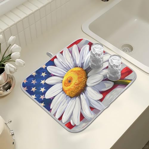 Daisy Flowers and American Flag Dish Drying Mat for Kitchen Counter Absorbent Microfiber Large Drying Pad Dish Mats for Kitchen Countertops 18 x 24 Inch