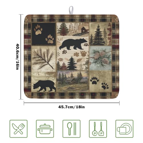 Black Bear Dish Drying Mat Forest Cabin Decorative Dishes Pad 16x18 Inch Absorbent Fast Dry Dish Drainer Rack Mats for Kitchen Counter Sink