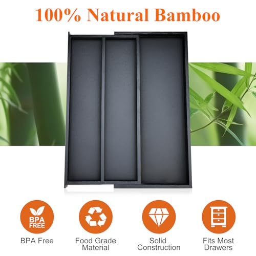Expandable Black Bamboo Kitchen Utensils Drawer Organizer Silverware Tray