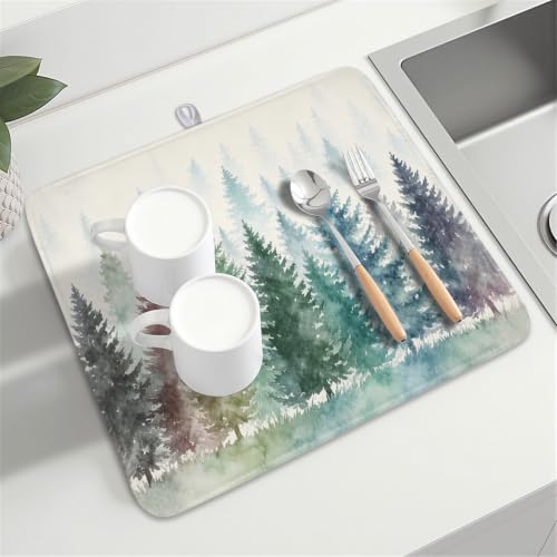 Pine Tree Dish Drying Mat Natural Forest Fog Microfiber Dishes Pad 16x18 Inch Absorbent Fast Dry Dish Drainer Rack Mats for Kitchen Counter