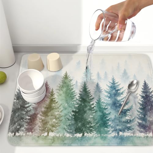 Pine Tree Dish Drying Mat Natural Forest Fog Microfiber Dishes Pad 18x24 Inch Absorbent Fast Dry Dish Drainer Rack Mats for Kitchen Counter