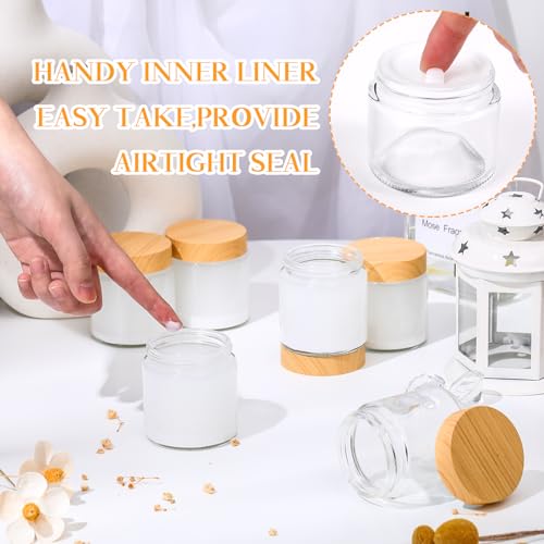 48 Pcs 4 oz Glass Jars with Lids Empty Small Glass Containers and Inner Liners Reusable Cosmetic Jars Round Airtight Bottles with Plastic Woodgrain Lids for Travel