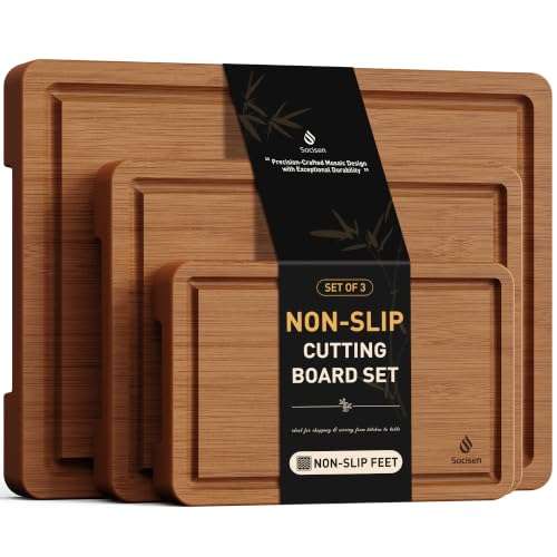 3 Packs Bamboo Cutting Board Set with Non Slip Feet and Over Sink Nice Solid Thick Wood Juice Groove Chopping Board Extra Large Big Small Best Hardwood Kitchen Counter Organic Vegetable (3 Count)
