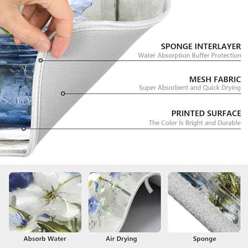 Vintage Blue White Flower Jars3 Dish Drying Mat for Kitchen Counter Absorbent Microfiber Small Drying Pad Dish mats for Kitchen Countertops 16 x 18 Inch