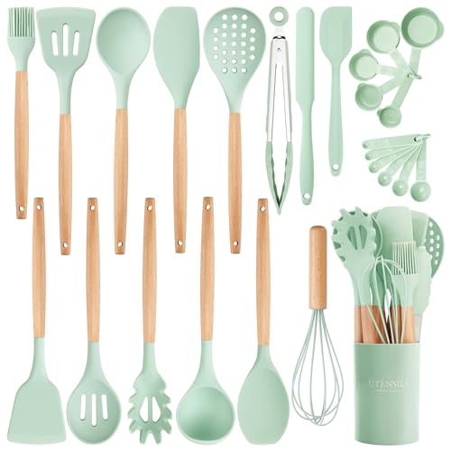 26 Piece Food Grade Silicone Kitchen Utensils Set with Wooden Handles (26 Count)