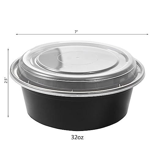 32 oz 50 ct Round Meal Prep Containers with Lids Plastic Food Storage Lunch Plan To Go Box Disposable Take Out Bowls Black BPA Free Reusable Durable Stackable Microwave Freezer Dishwasher Safe (50 Count)