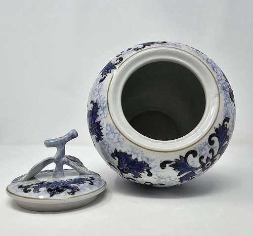 Blue and White Porcelain Tea Canister with Ginger Leaf Lid