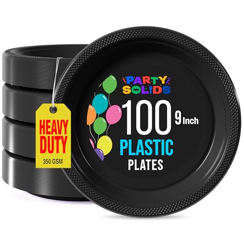 Exquisite Party Solids Sturdy Black Plastic Plates 9" Party Plates 100 Pcs (100 Count)