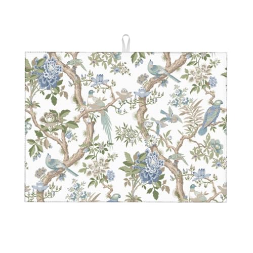 Floral Bidrs Dish Drying Mat 18x24 for Kitchen Counter