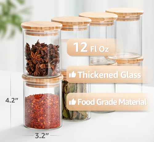 12 Oz Glass Jars with Bamboo Lid 3mm Thick Upgrade Clear (8 Count)