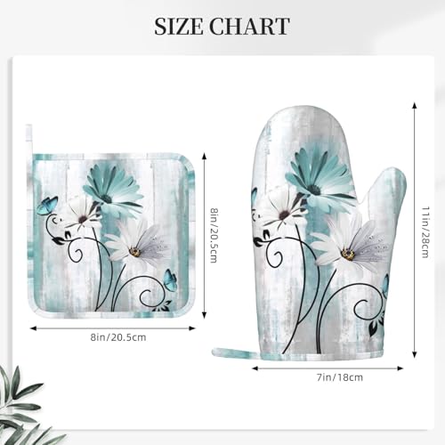 Teal Daisy Oven Mitts Pot Holders Set Silicone Heat Resistant Farm Teal Daisy Floral Flowers and Butterfly Oven Mitts and Hot Pads Potholders Non