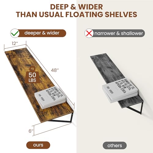 48W x 12D Deep Floating Shelves Set of 2 Rustic Brown