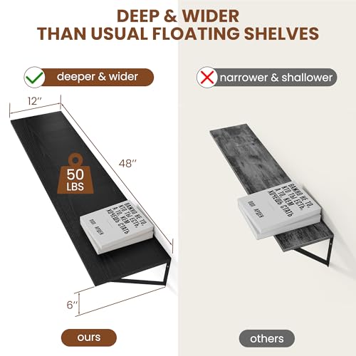 48W x 12D Deep Floating Shelves Set of 2 Black