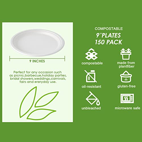 150 Pack Paper Plates 9 inch 100% Compostable (150 Count)