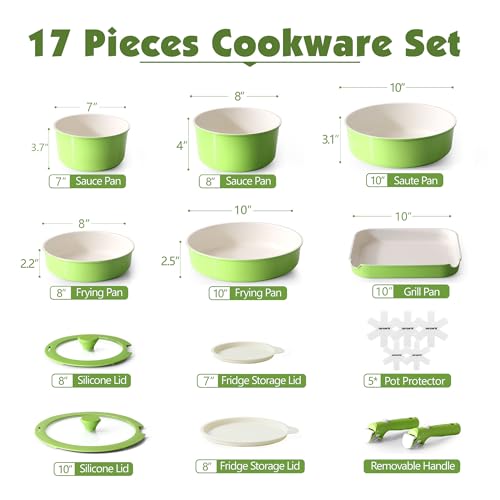 17 Piece Ceramic Detachable Handle Pots and Pans Set Green