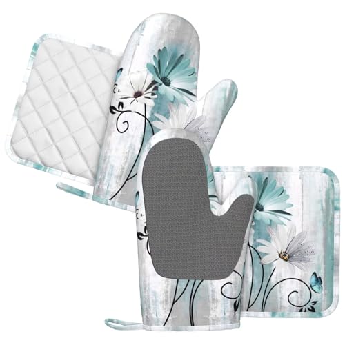 Teal Daisy Oven Mitts Pot Holders Set Silicone Heat Resistant Farm Teal Daisy Floral Flowers and Butterfly Oven Mitts and Hot Pads Potholders Non