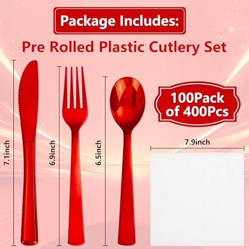 400PCS Pre Rolled Red Plastic Silverware Sets Heavy Duty for Wedding (400 Count)