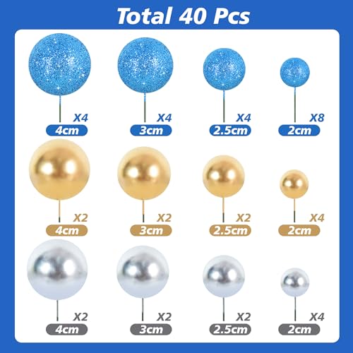 40 Pcs Foam Ball Shaped Cake Toppers with Sticks Mini Cake Decorations for Birthdays (40 Count)
