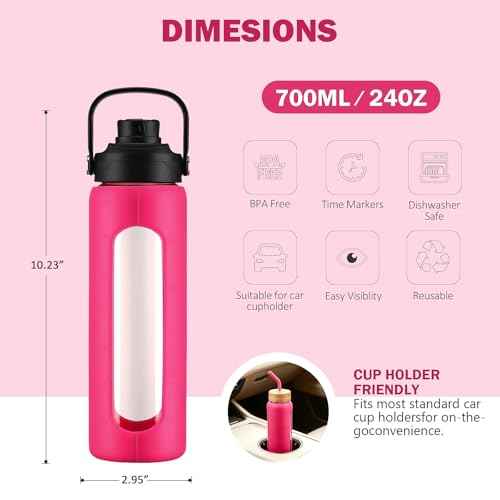 24 oz Glass Water Bottle with Straw and 2 Lids