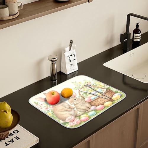 Cute Easter Bunny Rabbit Eggs Dish Drying Mat for Kitchen Counter Absorbent Microfiber Small Drying Pad Dish Mats for Kitchen Countertops 16 x 18 Inch