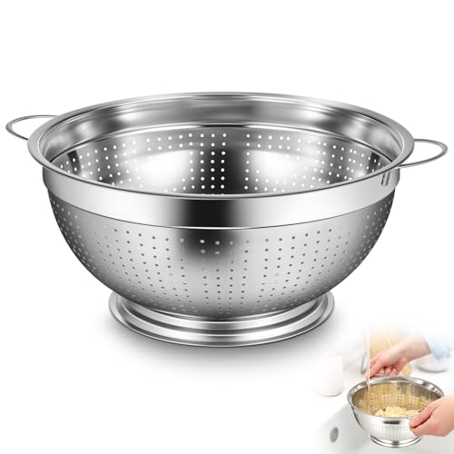 1 Pack 12 Quart Heavy Duty Stainless Steel Colander with Footed Base and Handles Pasta Spaghetti Berry Fruit Vegetable Kitchen Food Strainer Basket