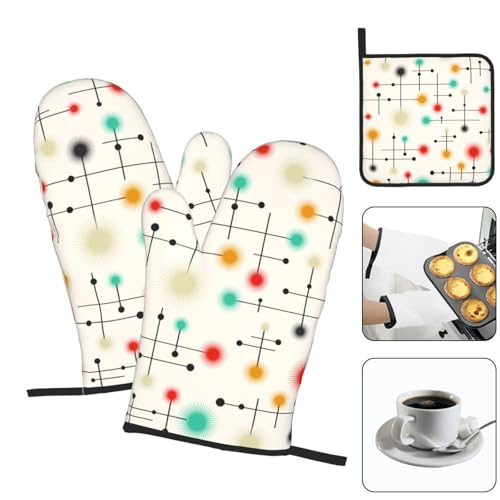 Mid Century Modern Oven Mitts and Pot Holders Sets of 3 Heat Resistant Non Slip Retro Kitchen Gloves Hot Pads for Cooking BBQ Grilling Baking (3 Count)