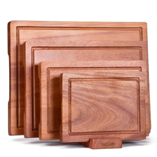 Wooden Cutting Board Set of 4 with Holder Solid Wood Chopping Boards for Kitchen with Juice Grooves Thick Large Cutting Board