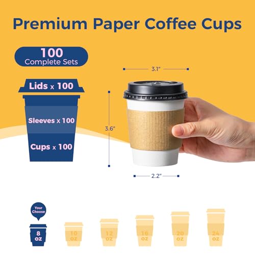 100 Pack 8 oz Disposable Coffee Cups with Lids (100 Count)