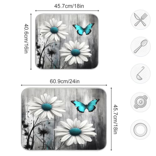 Daisy Flower Teal Butterfly Dish Drying Mat for Kitchen Counter Absorbent Microfiber Drying Pad