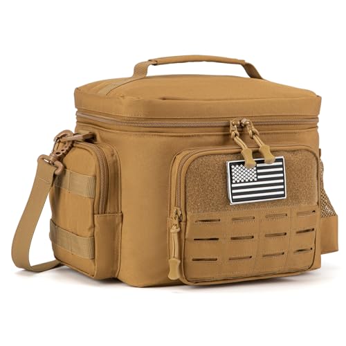 Tactical Lunch Bag for mens Military heavy duty lunch box work Leakproof insulated Durable Thermal Cooler Bag for Adult Meal for Office Camping Picnic Pail MOLLE Webbing Khaki