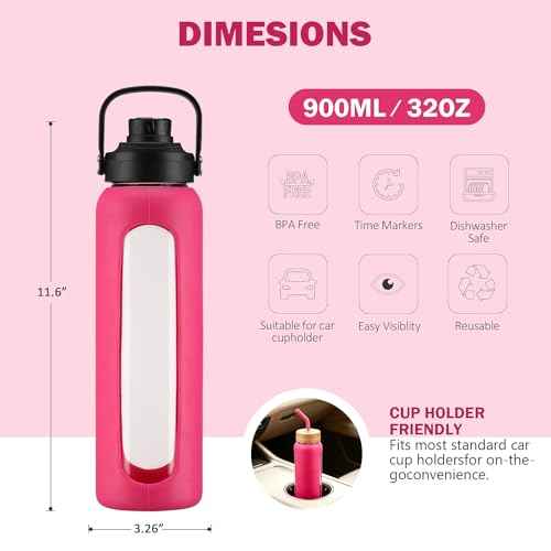 32 oz Glass Water Bottle with Straw and 2 Lids