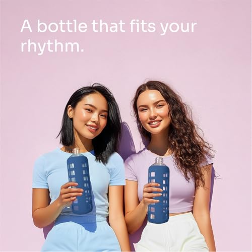 40oz / 32oz / 22oz / 12oz Borosilicate Glass Water Bottle with Time & Volume Markers, Silicone Sleeve, Stainless Steel Lid – Reusable Glass Bottle for Water & Juice (32oz Chinese Porcelain)