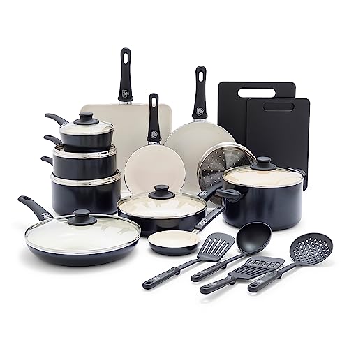 Soft Grip Healthy Ceramic Nonstick 23 Piece Kitchen Cookware Pots and Frying Sauce Saute Pans Set with Kitchen Utensils